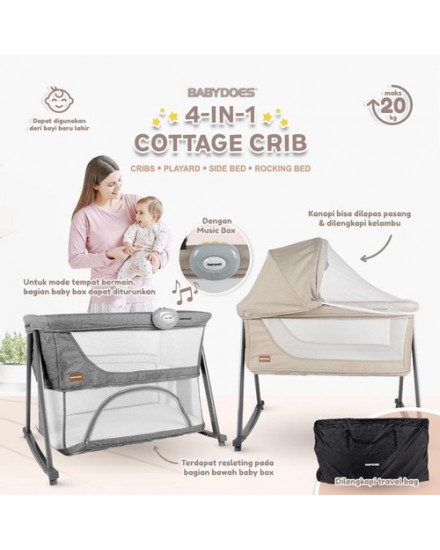 Babydoes 4-in-1 Cottage Bedside Crib - Gray